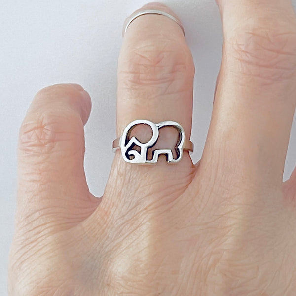 925 Sterling Silver Silhouette Elephant Ring | Dainty Spirit Animal Good Luck Silver Rings