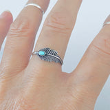 Sterling Silver Dainty Feather Ring with Turquoise, Bird Rings, Angels Wings