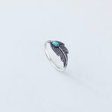 Sterling Silver Dainty Feather Ring with Turquoise, Bird Rings, Angels Wings