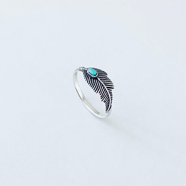 Sterling Silver Dainty Feather Ring with Turquoise, Bird Rings, Angels Wings