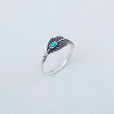 Sterling Silver Dainty Feather Ring with Turquoise, Bird Rings, Angels Wings