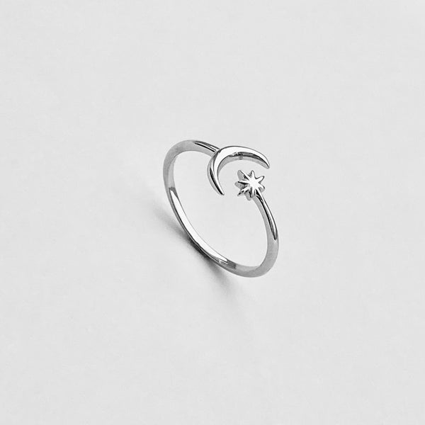 Sterling Silver Dainty Moon And Twinkle Star Ring | Celestial Silver Jewelry