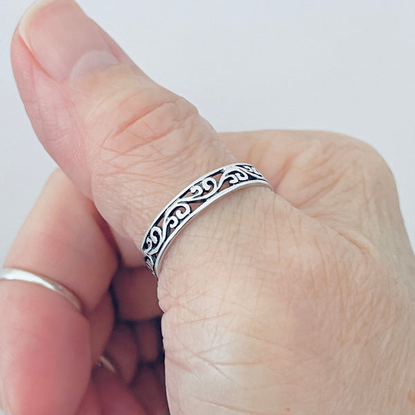 Sterling Silver Victorian Swirl Ring, Filigree Band, Stackable Wedding Jewelry