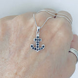 Sterling Silver Black CZ Anchor Necklace, Silver Chain, CZ Stone Jewelry