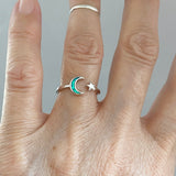 Sterling Silver Delicate Blue Lab Opal Moon and Star Ring, Silver Rings, Celestial Jewelry