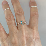 Sterling Silver Delicate Blue Lab Opal Moon and Star Ring, Silver Rings, Celestial Jewelry