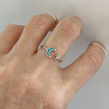 Sterling Silver Delicate Blue Lab Opal Moon and Star Ring, Silver Rings, Celestial Jewelry