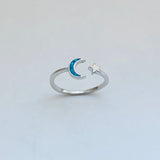 Sterling Silver Delicate Blue Lab Opal Moon and Star Ring, Silver Rings, Celestial Jewelry