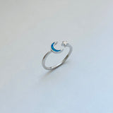 Sterling Silver Delicate Blue Lab Opal Moon and Star Ring, Silver Rings, Celestial Jewelry