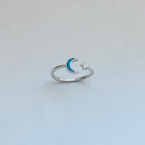 Sterling Silver Delicate Blue Lab Opal Moon and Star Ring, Silver Rings, Celestial Jewelry