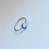 Sterling Silver Delicate Blue Lab Opal Moon and Star Ring, Silver Rings, Celestial Jewelry