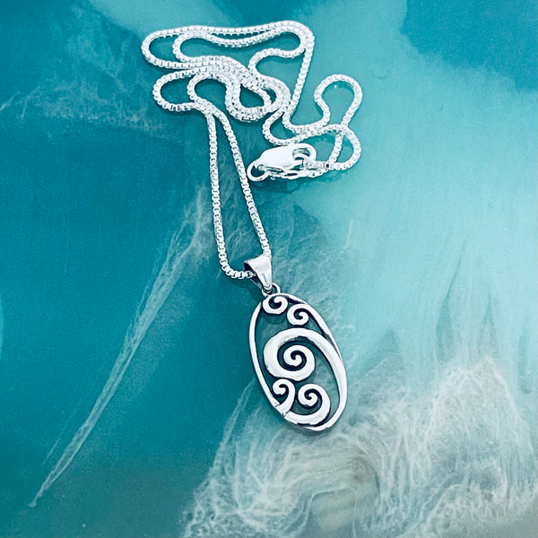 Sterling Silver Large Oval Waves Necklace, Silver Chain, Ocean Waves, Surfer Chains