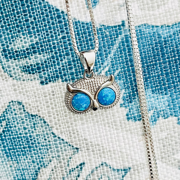 Sterling Silver Blue Lab Opal Owl Necklace, Silver Chain, Animal Necklaces, Spirit Birds