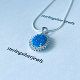 Sterling Silver Blue Lab Opal and Clear CZ Necklace, Silver Necklaces, October Birthstone