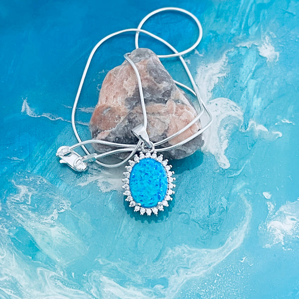 Sterling Silver Blue Lab Opal and Clear CZ Necklace, Silver Necklaces, October Birthstone