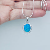Sterling Silver Blue Lab Opal and Clear CZ Necklace, Silver Necklaces, October Birthstone