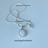 Sterling Silver Round CZ and White Lab Opal Necklace, Silver Chain, October Birthstone Jewelry