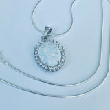 Sterling Silver Round CZ and White Lab Opal Necklace, Silver Chain, October Birthstone Jewelry