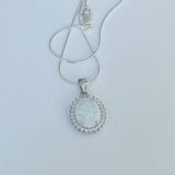 Sterling Silver Round CZ and White Lab Opal Necklace, Silver Chain, October Birthstone Jewelry