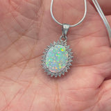 Sterling Silver Round CZ and White Lab Opal Necklace, Silver Chain, October Birthstone Jewelry