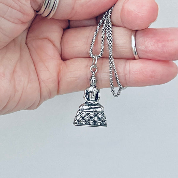 Sterling Silver Buddha Necklace, Silver Chain, Yoga Necklaces, Religious Chains