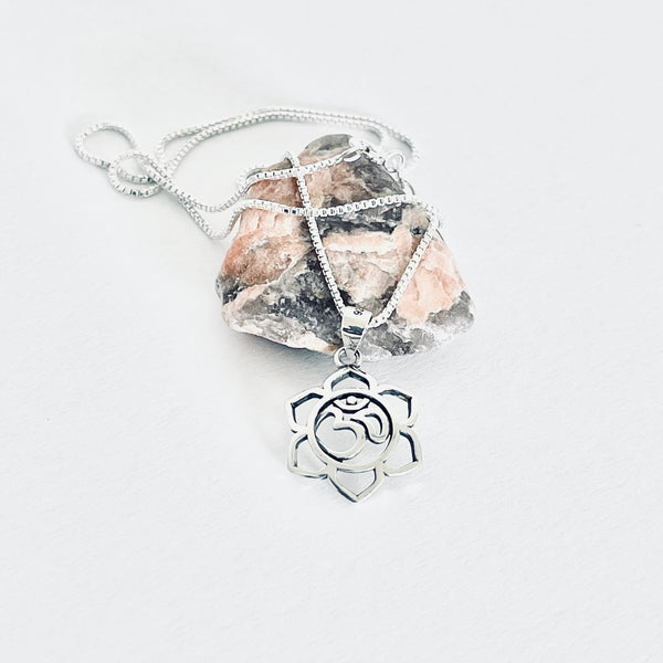 Sterling Silver Lotus OM Necklace, Silver Chain, Mandala Flower Jewelry