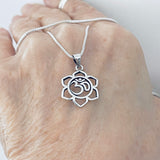 Sterling Silver Lotus OM Necklace, Silver Chain, Mandala Flower Jewelry