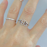 925 Sterling Silver Small Silhouette Lotus Ring | Dainty Yoga Zen Water Lily Silver Rings