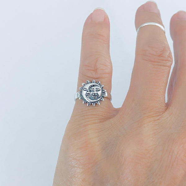 925 Sterling Silver Medium Moon And Sun Ring | Boho Celestial Sunshine Jewelry