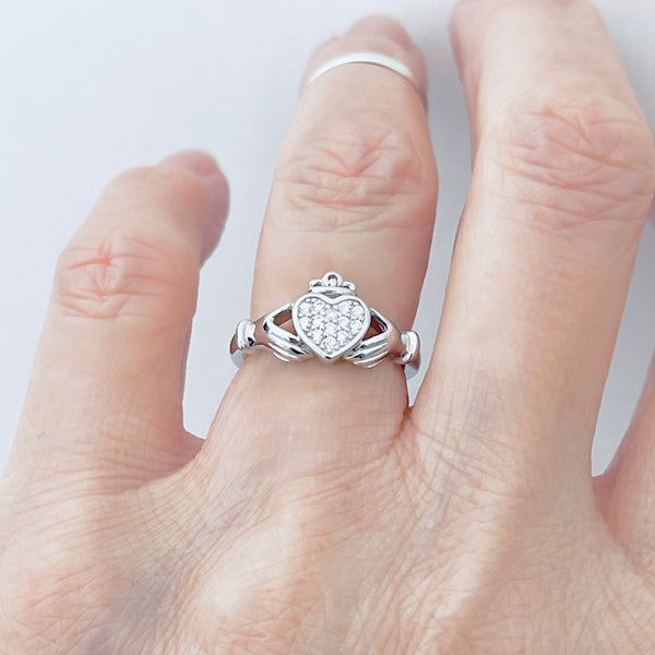 Sterling Silver CZ Heart Claddagh Ring, Silver Ring, Irish Ring, CZ Ring, Friendship Ring