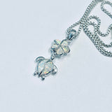 Sterling Silver White Lab Opal Turtle and Plumeria Necklace, Silver Chain, Hawaii Flower Jewelry