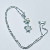 Sterling Silver White Lab Opal Turtle and Plumeria Necklace, Silver Chain, Hawaii Flower Jewelry