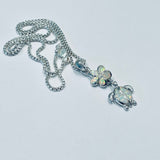 Sterling Silver White Lab Opal Turtle and Plumeria Necklace, Silver Chain, Hawaii Flower Jewelry