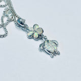 Sterling Silver White Lab Opal Turtle and Plumeria Necklace, Silver Chain, Hawaii Flower Jewelry