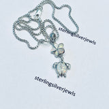 Sterling Silver White Lab Opal Turtle and Plumeria Necklace, Silver Chain, Hawaii Flower Jewelry