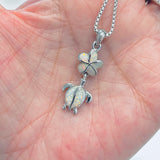 Sterling Silver White Lab Opal Turtle and Plumeria Necklace, Silver Chain, Hawaii Flower Jewelry