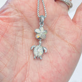 Sterling Silver White Lab Opal Turtle and Plumeria Necklace, Silver Chain, Hawaii Flower Jewelry
