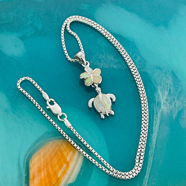 Sterling Silver White Lab Opal Turtle and Plumeria Necklace, Silver Chain, Hawaii Flower Jewelry