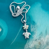 Sterling Silver White Lab Opal Turtle and Plumeria Necklace, Silver Chain, Hawaii Flower Jewelry