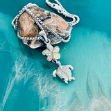 Sterling Silver White Lab Opal Turtle and Plumeria Necklace, Silver Chain, Hawaii Flower Jewelry