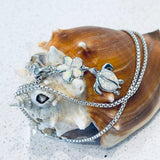 Sterling Silver White Lab Opal Turtle and Plumeria Necklace, Silver Chain, Hawaii Flower Jewelry