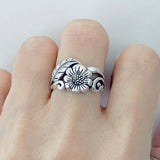 Sterling Silver Sunflower Ring with Leaves, Silver Rings, Leaf Ring, Statement Flowers