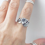 Sterling Silver Sunflower Ring with Leaves, Silver Rings, Leaf Ring, Statement Flowers
