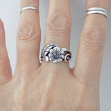 Sterling Silver Sunflower Ring with Leaves, Silver Rings, Leaf Ring, Statement Flowers
