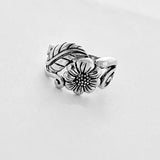 Sterling Silver Sunflower Ring with Leaves, Silver Rings, Leaf Ring, Statement Flowers