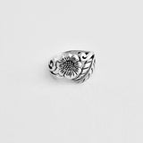 Sterling Silver Sunflower Ring with Leaves, Silver Rings, Leaf Ring, Statement Flowers