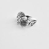 Sterling Silver Sunflower Ring with Leaves, Silver Rings, Leaf Ring, Statement Flowers