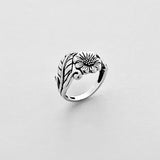 Sterling Silver Sunflower Ring with Leaves, Silver Rings, Leaf Ring, Statement Flowers