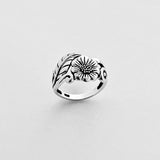 Sterling Silver Sunflower Ring with Leaves, Silver Rings, Leaf Ring, Statement Flowers