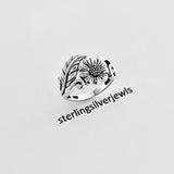 Sterling Silver Sunflower Ring with Leaves, Silver Rings, Leaf Ring, Statement Flowers
